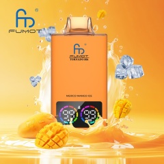 Fumot Tornado vape in orange, featuring mexico mango ice flavor, with mango and ice and a splash of water in the background.