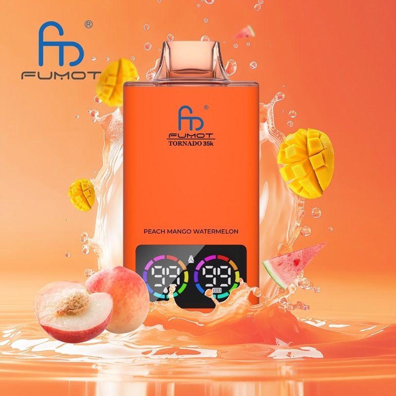 Fumot Tornado vape in dark orange, featuring peach mango flavor, with peach, mango and ice and a splash of water in the background.