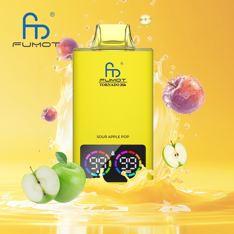 Fumot Tornado vape in yellow, featuring sour apple pop flavor, with green apple, peach and a splash of water in the background.
