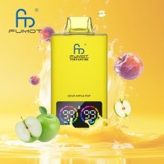 Fumot Tornado vape in yellow, featuring sour apple pop flavor, with green apple, peach and a splash of water in the background.