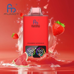 Fumot Tornado vape in red, featuring strawberry watermelon flavor, with strawberries, watermelons and a splash of water in the background.