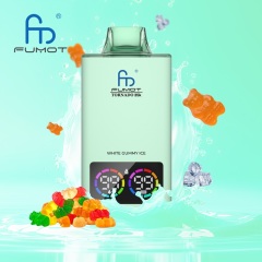 Fumot Tornado vape in turquoise, featuring white gummy ice flavor, with gummy and a splash of water in the background.