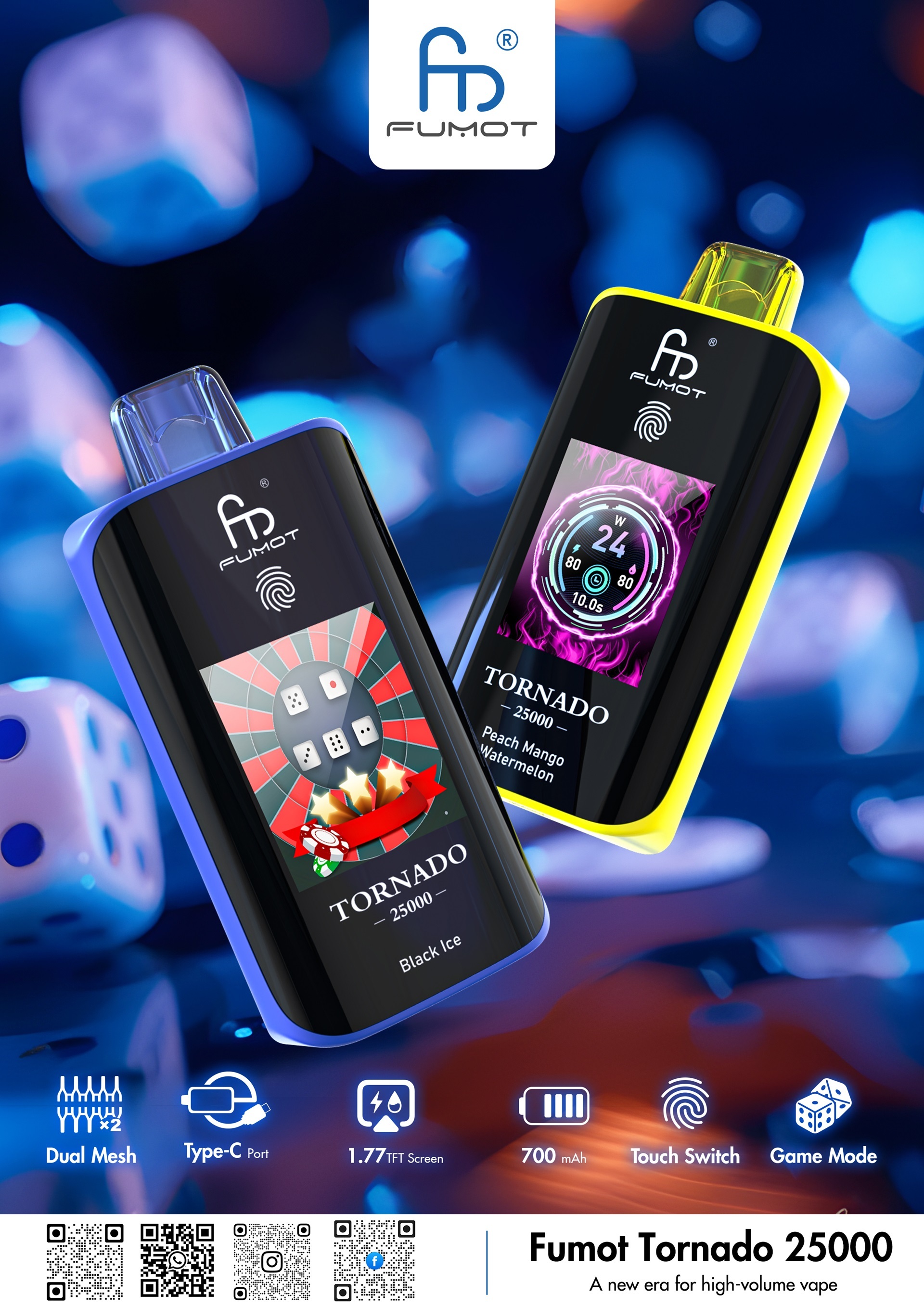 The Fumot Tornado 25,000 puffs vape showcases two devices against a vibrant blue background, highlighting its features.