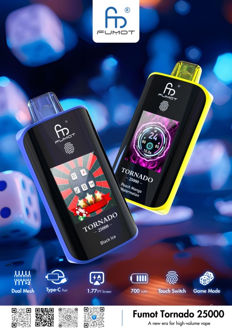 The Fumot Tornado 25,000 puffs vape showcases two devices against a vibrant blue background, highlighting its features.