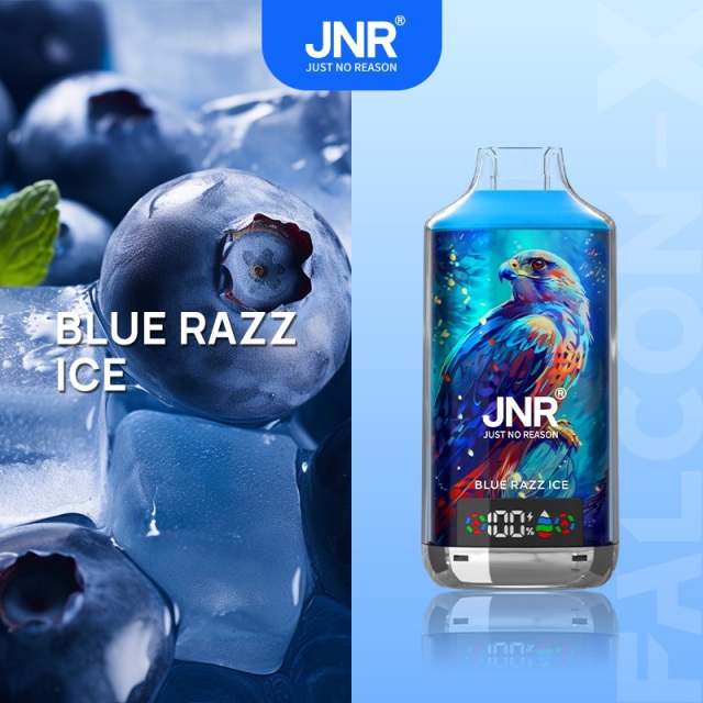 JNR Falcon-X 18000 Puffs Vape in blue razz ice flavor with blueberry and ice in the picture alongside.