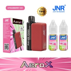 JNR AeroX 32000 Puffs vape featuring strawberry ice flavor and showing the vape, vape box and vape juices.