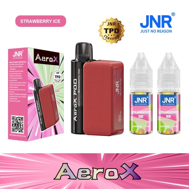 JNR AeroX 32000 Puffs vape featuring strawberry ice flavor and showing the vape, vape box and vape juices.
