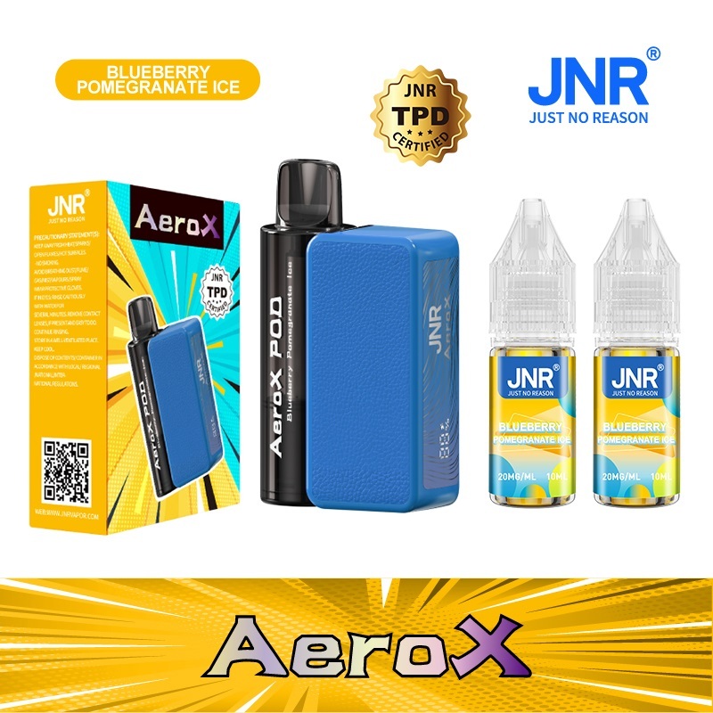 JNR AeroX 32000 Puffs vape featuring blueberry pomegranate ice flavor and showing the vape, vape box and vape juices.