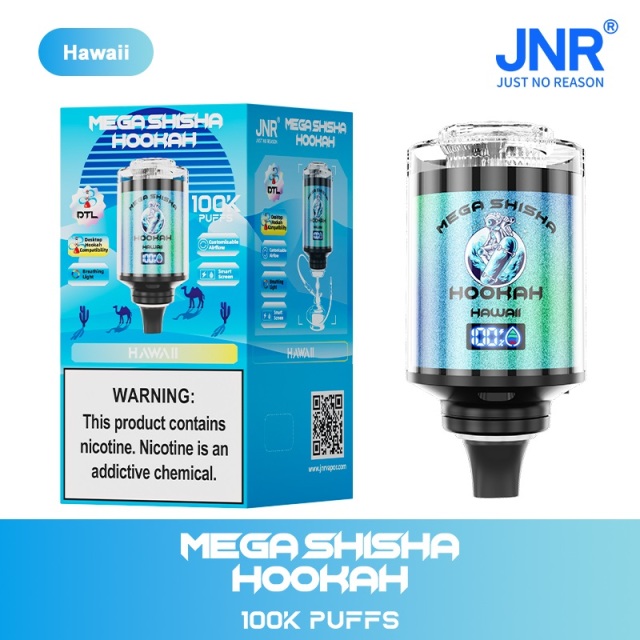 JNR Mega Shisha Hookah 100K Puffs Vape in hawaii flavor showing the vape and vape box.