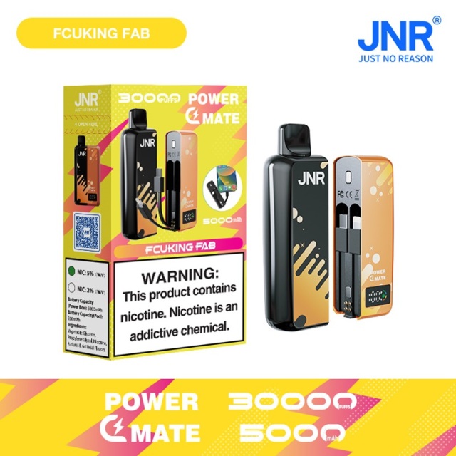 JNR Power Mate 30000 Puffs vape featuring fcuking fab flavor and showing the vape and vape box.