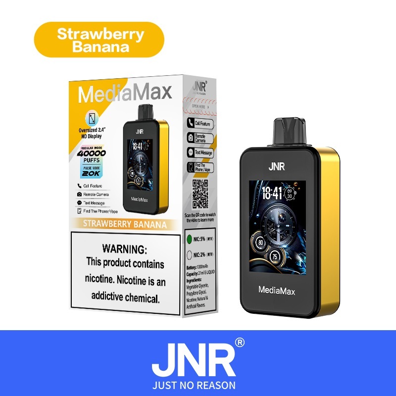 JNR MediaMax 40000 Puffs Vape in strawberry banana flavor showing the vape and vape box.