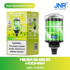 JNR Mega Shisha Hookah 100K Puffs Vape in kiwi passion fruit guava flavor showing the vape and vape box.