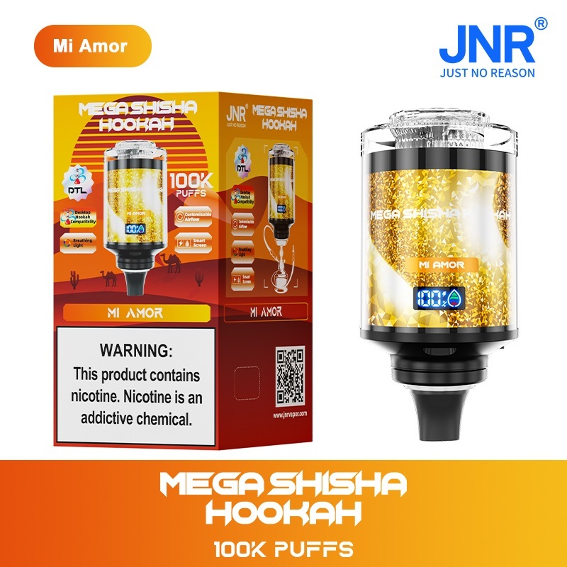 JNR Mega Shisha Hookah 100K Puffs Vape in Mi Amor flavor showing the vape and vape box.