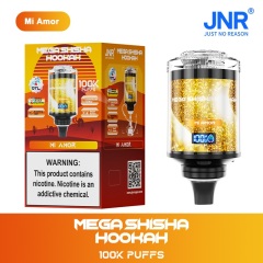 JNR Mega Shisha Hookah 100K Puffs Vape in Mi Amor flavor showing the vape and vape box.