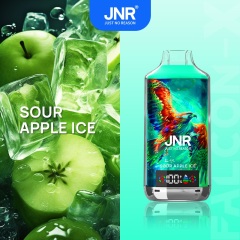 JNR Falcon-X 18000 Puffs Vape in sour apple ice flavor with green apple and ice in the picture alongside.