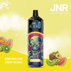 JNR Alien 10,000 puffs vape in kiwi passion fruit guava flavor, illustrated with kiwi, passion fruit and guava in the background.