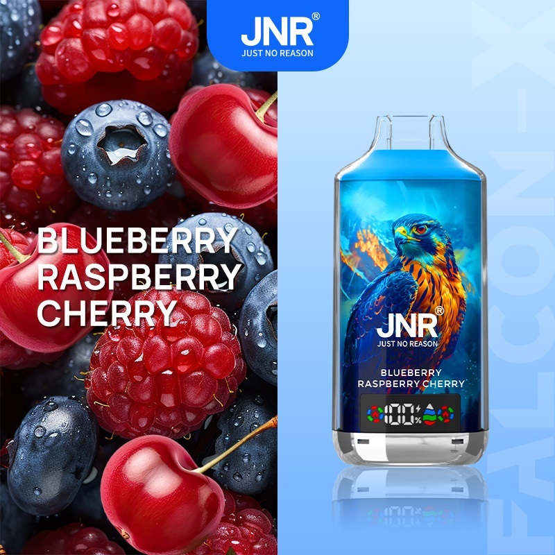 JNR Falcon-X 18000 Puffs Vape in strawberry raspberry cherry flavor with strawberry, raspberry and cherry in the picture alongside.