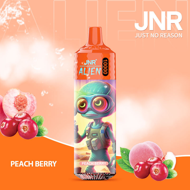 JNR Alien 10,000 puffs vape in peach berry flavor, illustrated with peach and berry in the background.