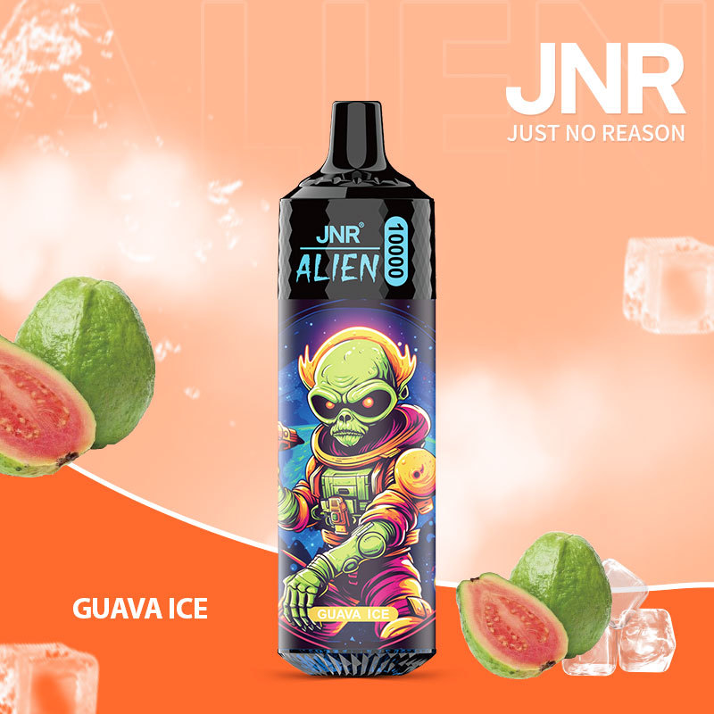 JNR Alien 10,000 puffs vape in guava ice flavor, illustrated with guava and ice in the background.