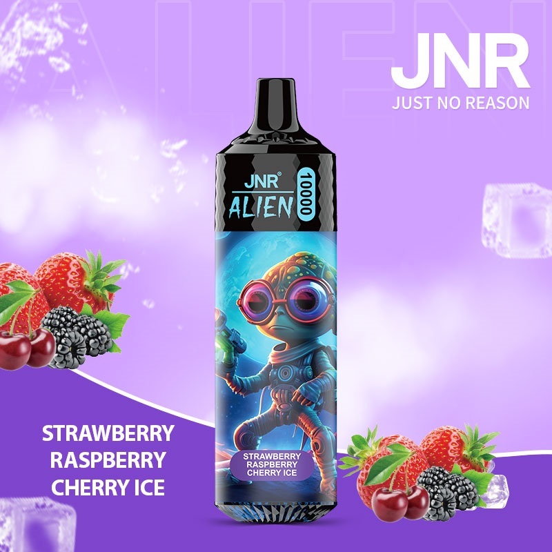 JNR Alien 10,000 puffs vape in strawberry raspberry cherry ice flavor, illustrated with strawberry, raspberry, cherry and ice in the background.