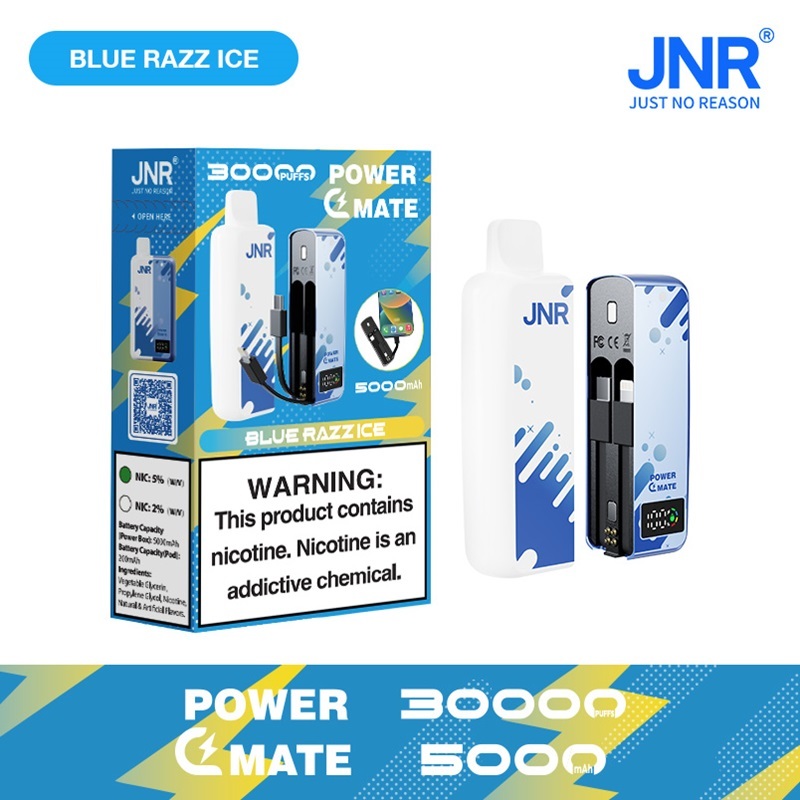 JNR Power Mate 30000 Puffs vape featuring blue razz ice flavor and showing the vape and vape box.