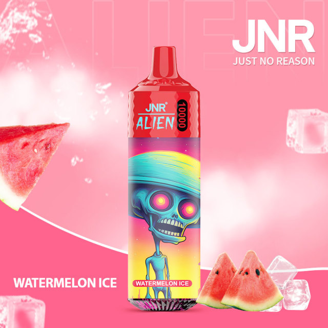 JNR Alien 10,000 puffs vape in watermelon ice flavor, illustrated with watermelon and ice in the background.