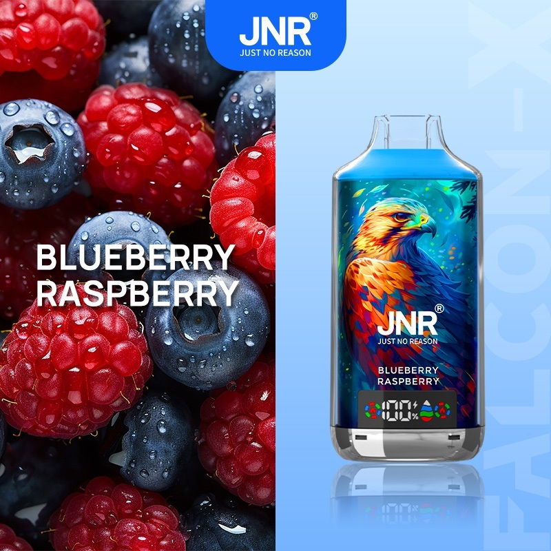 JNR Falcon-X 18000 Puffs Vape in blueberry raspberry flavor with blueberry and raspberry in the picture alongside.