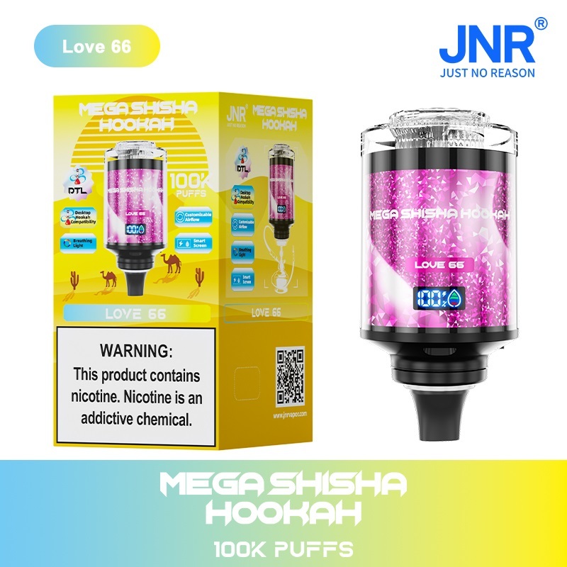 JNR Mega Shisha Hookah 100K Puffs Vape featuring love 66  flavor showing the vape and vape box.