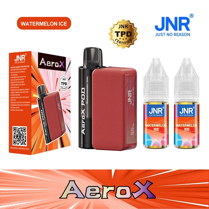 JNR AeroX 32000 Puffs vape featuring watermelon ice flavor and showing the vape, vape box and vape juices.