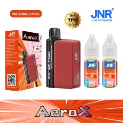 JNR AeroX 32000 Puffs vape featuring watermelon ice flavor and showing the vape, vape box and vape juices.