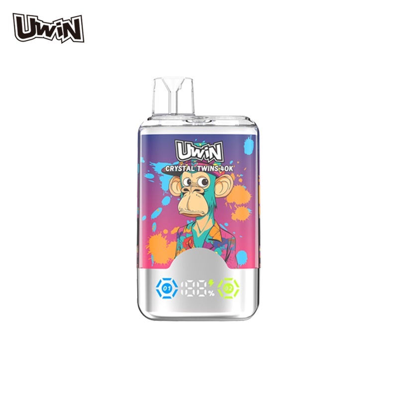 UWin RandM Crystal Twins 40k puffs vape showing the vape in flavor strawberry kiwi, grape ice.