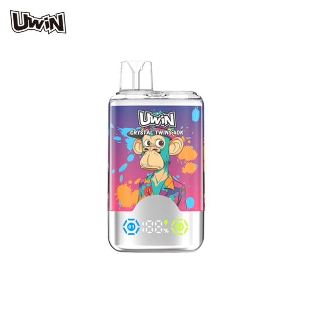 UWin RandM Crystal Twins 40k puffs vape showing the vape in flavor strawberry kiwi, grape ice.