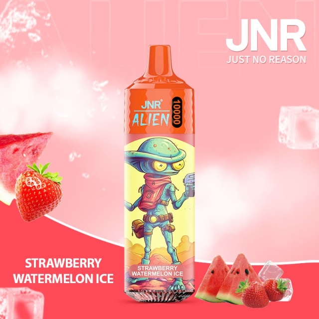JNR Alien 10,000 puffs vape in strawberry watermelon ice flavor, illustrated with strawberry, watermelon and ice in the background.