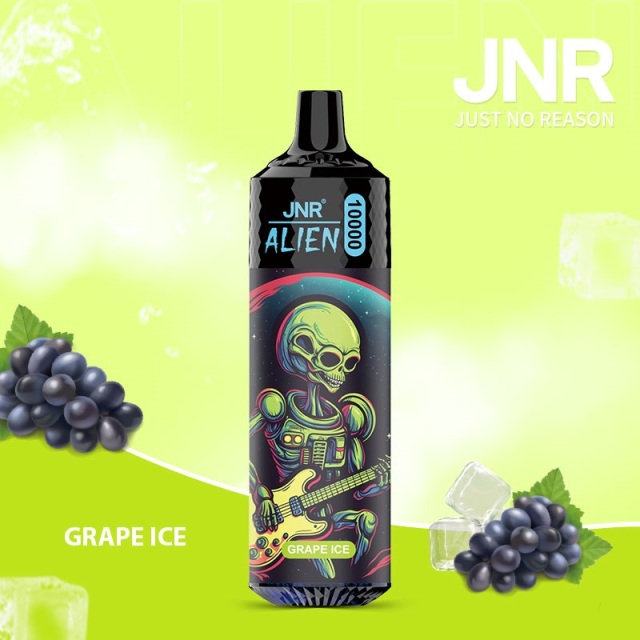 JNR Alien 10,000 puffs vape in grape ice flavor, illustrated with grape and ice in the background.
