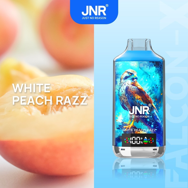 JNR Falcon-X 18000 Puffs Vape in white peach razzflavor with white peach in the picture alongside.