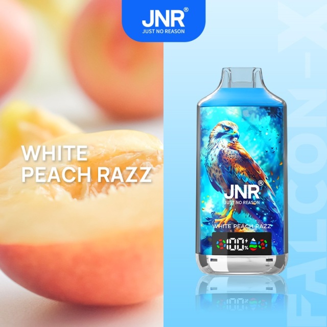 JNR Falcon-X 18000 Puffs Vape in white peach razzflavor with white peach in the picture alongside.