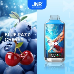 JNR Falcon-X 18000 Puffs Vape in blue razz cherry flavor with blueberry and cherry in the picture alongside.