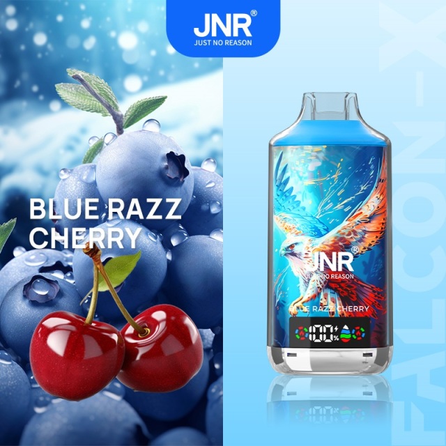 JNR Falcon-X 18000 Puffs Vape in blue razz cherry flavor with blueberry and cherry in the picture alongside.
