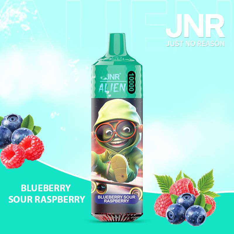 JNR Alien 10,000 puffs vape in blueberry sour raspberry flavor, illustrated with blueberry and raspberry in the background.