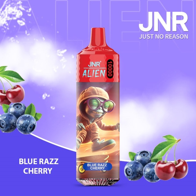 JNR Alien 10,000 puffs vape in blue razz cherry flavor, illustrated with blueberry and cherry in the background.