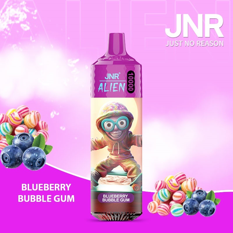 JNR Alien 10,000 puffs vape in blueberry bubblegum flavor, illustrated with blueberry and bubblegum in the background.
