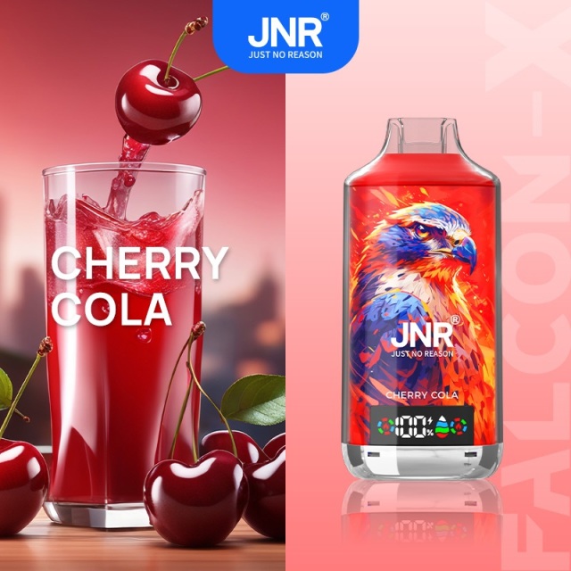 JNR Falcon-X 18000 Puffs Vape in cherry cola flavor with cherry and cherry juice in the picture alongside.
