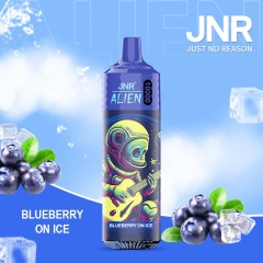 JNR Alien 10,000 puffs vape in blueberry on ice flavor, illustrated with blueberry and ice in the background.