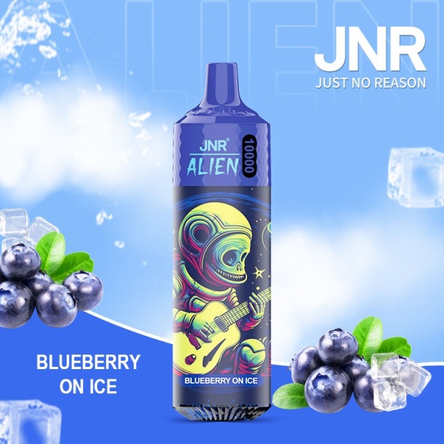 JNR Alien 10,000 puffs vape in blueberry on ice flavor, illustrated with blueberry and ice in the background.