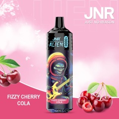 JNR Alien 10,000 puffs vape in fizzy cherry cola flavor, illustrated with cherry in the background.