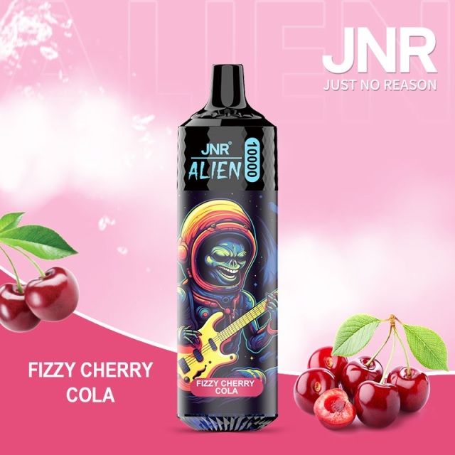 JNR Alien 10,000 puffs vape in fizzy cherry cola flavor, illustrated with cherry in the background.
