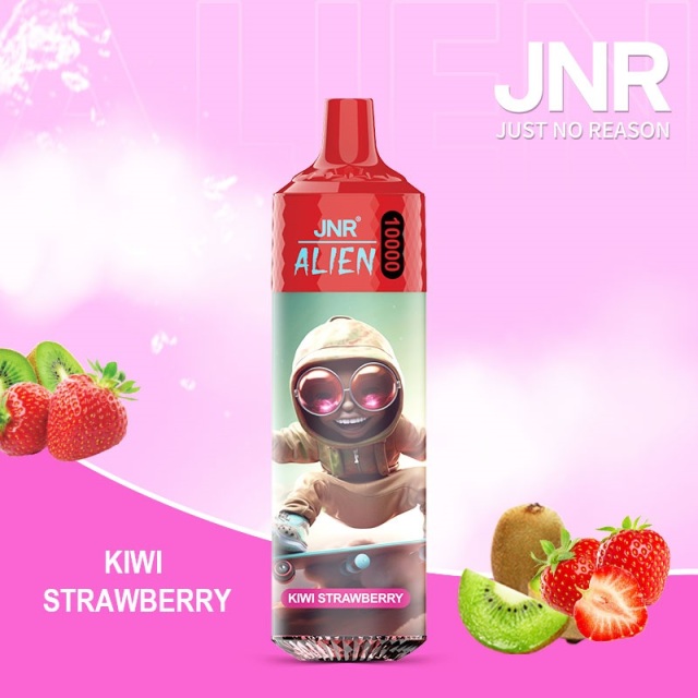 JNR Alien 10,000 puffs vape in kiwi strawberry flavor, illustrated with kiwi and strawberry in the background.