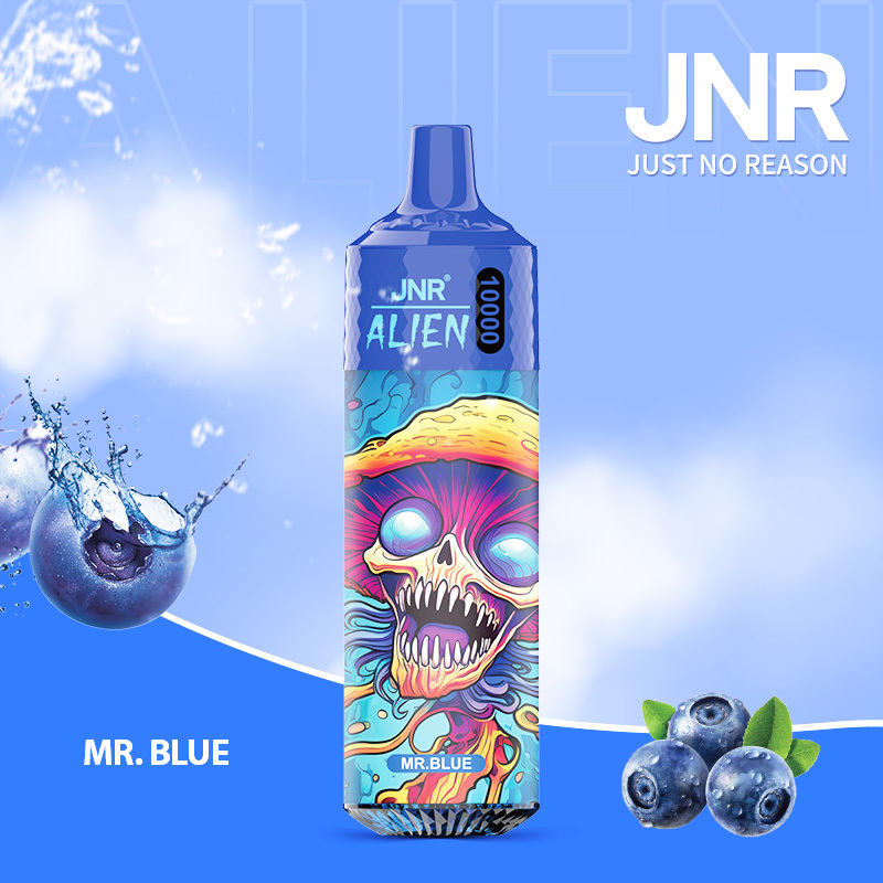 JNR Alien 10,000 puffs vape in mr blue flavor, illustrated with blueberry in the background.