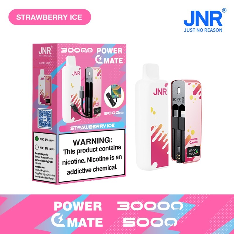 JNR Power Mate 30000 Puffs vape featuring strawberry ice flavor and showing the vape and vape box.