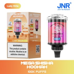 JNR Mega Shisha Hookah 100K Puffs Vape featruing lady killa  flavor showing the vape and vape box.